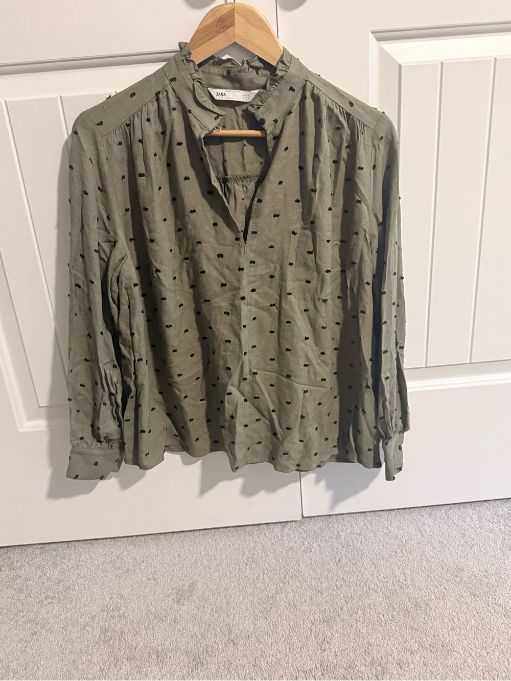 Zara Olive Green Ruffle-Neck Blouse with Black Textured Dots